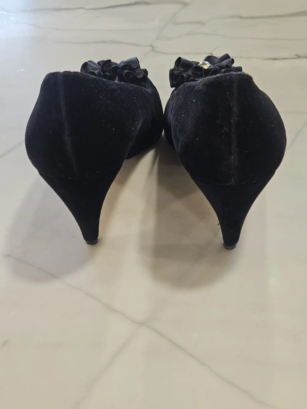 Vintage Evan-Picone Black Velvet Evening Pumps with Crystal Flower Accents